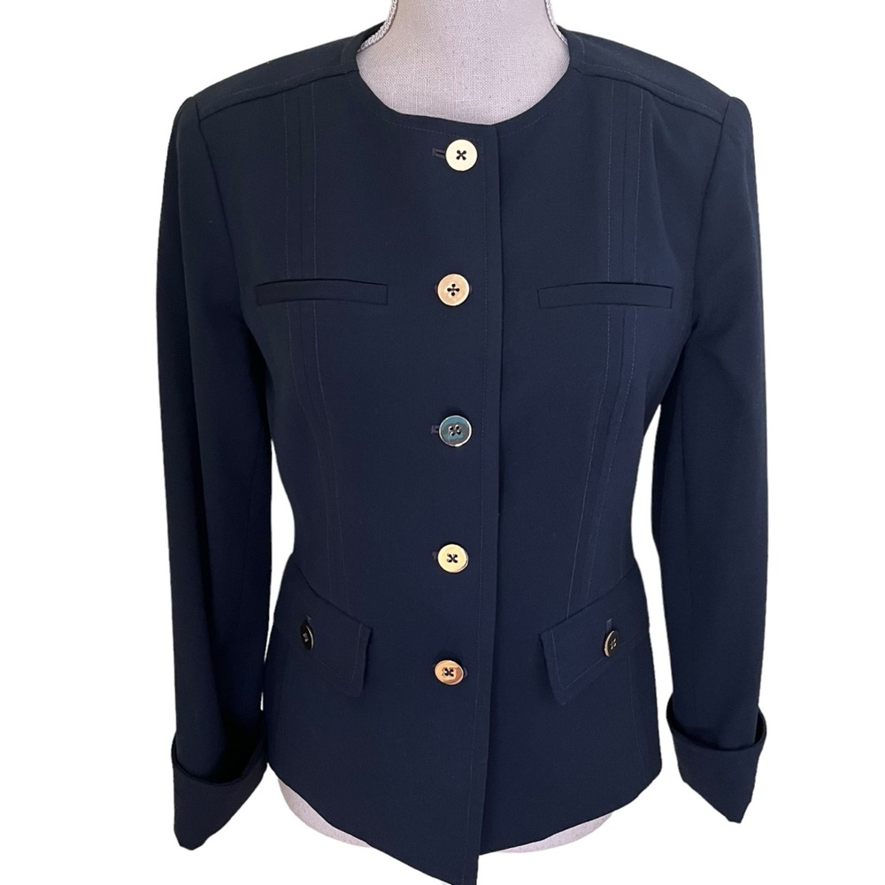 Doncaster Navy Blue Button Front Jewel Neck Blazer 4